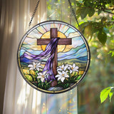 Christian Cross Stained Glass Suncatcher, Sunset Cross Window Hanging, Religious Home Decor, Jesus Faith Ornament, Floral Cross Wall Art