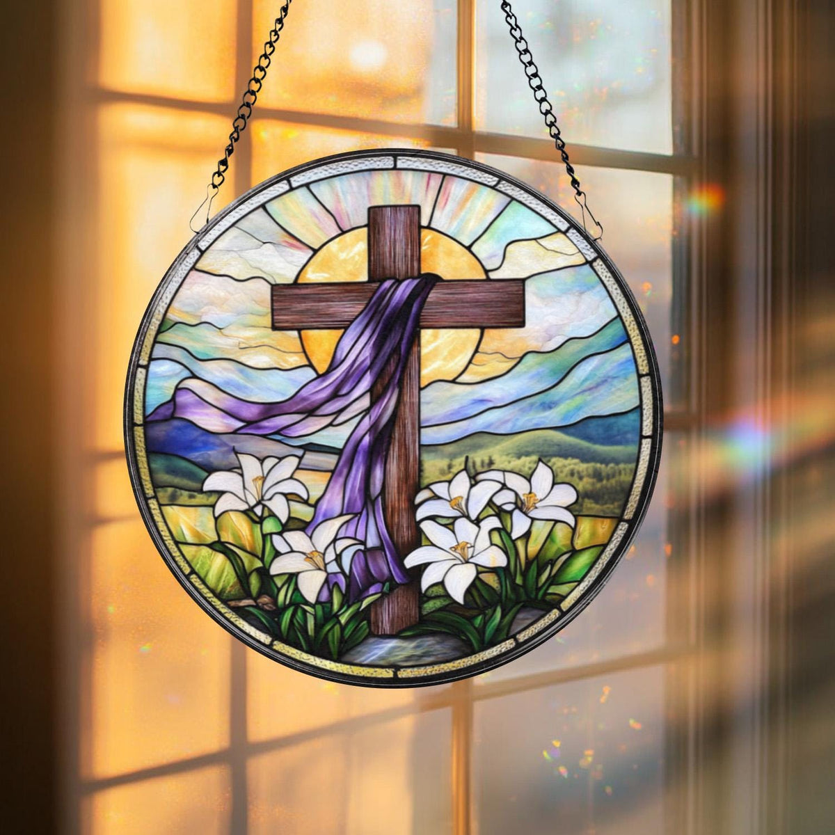 Christian Cross Stained Glass Suncatcher, Sunset Cross Window Hanging, Religious Home Decor, Jesus Faith Ornament, Floral Cross Wall Art