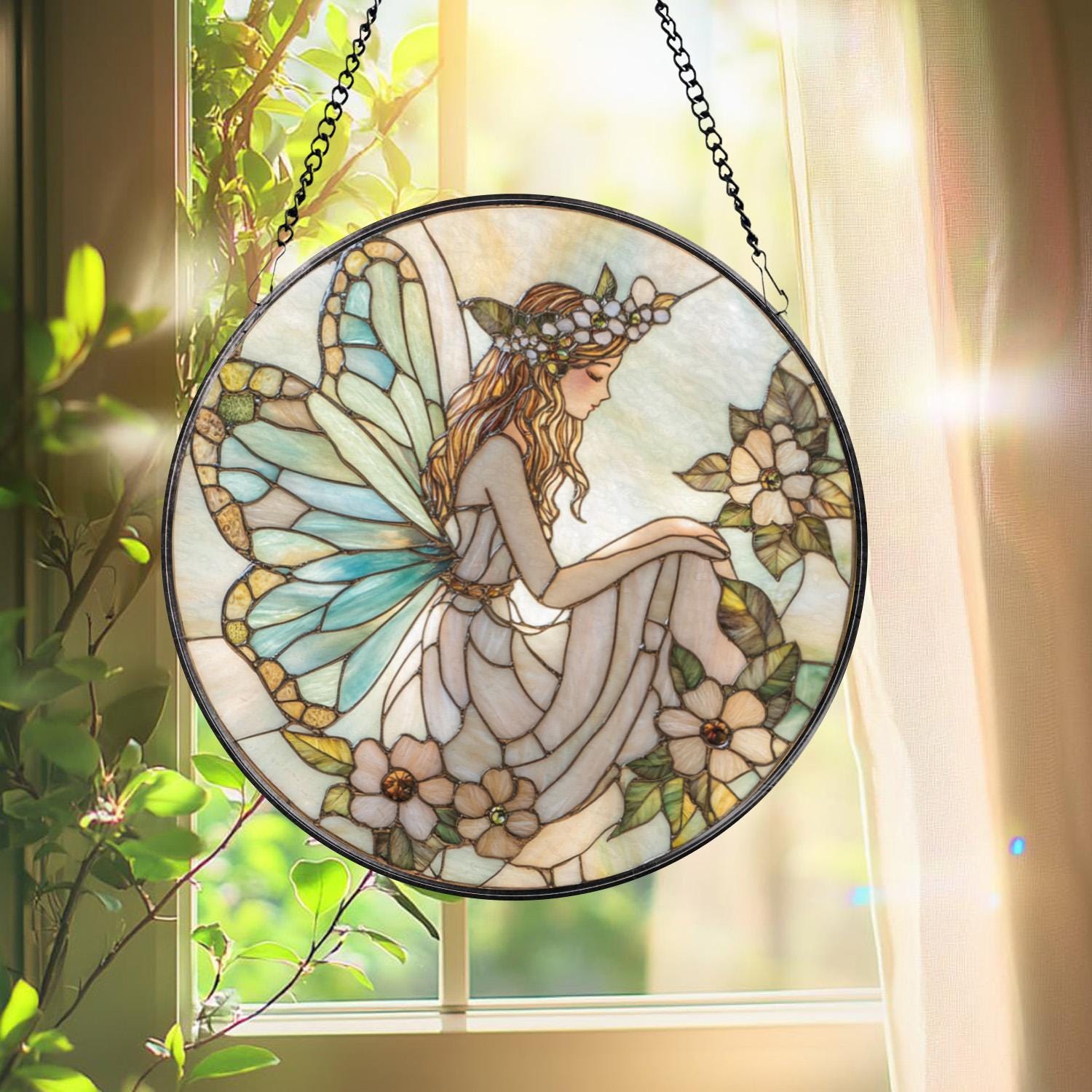 Christian Cross Stained Glass Suncatcher, Sunset Cross Window Hanging, Religious Home Decor, Jesus Faith Ornament, Floral Cross Wall Art