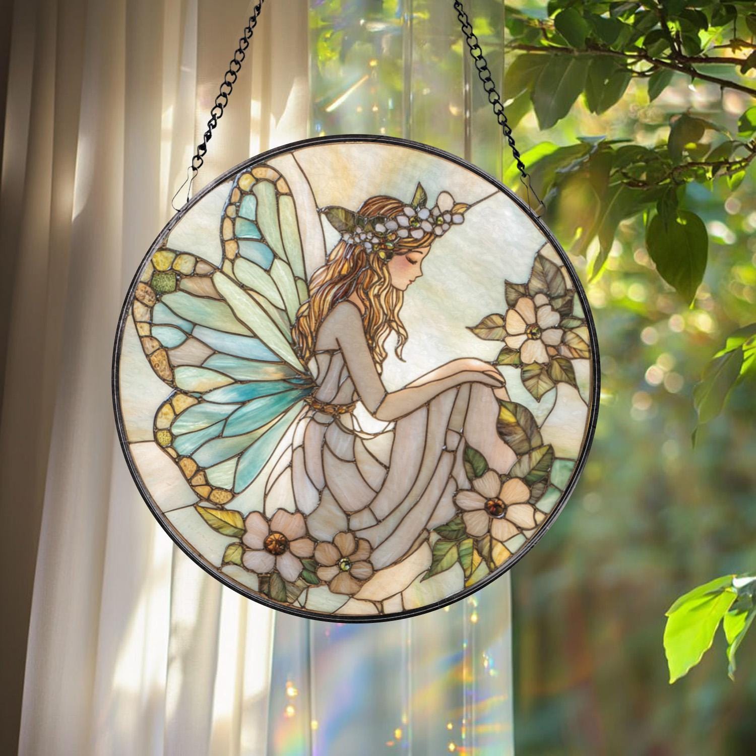 Christian Cross Stained Glass Suncatcher, Sunset Cross Window Hanging, Religious Home Decor, Jesus Faith Ornament, Floral Cross Wall Art