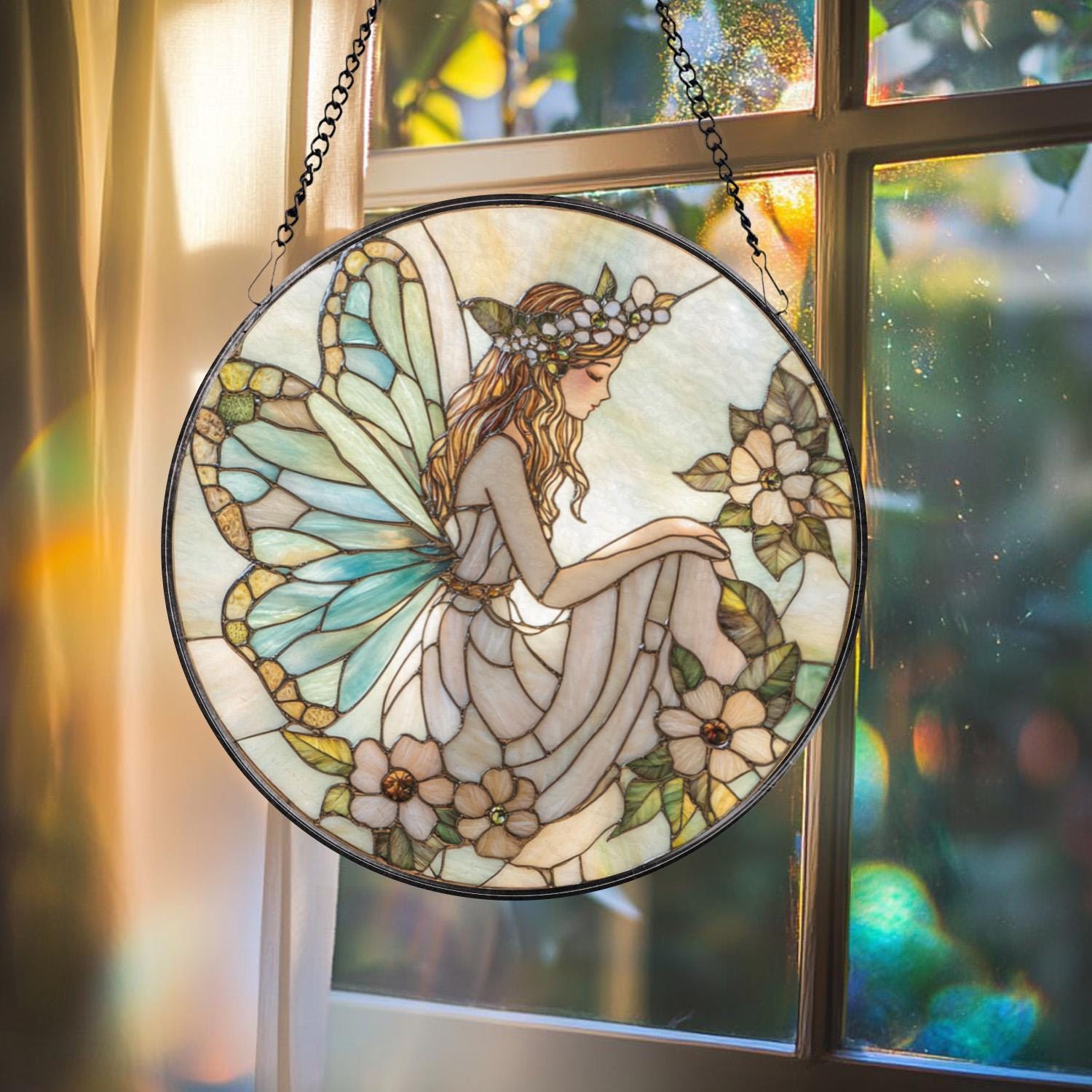 Christian Cross Stained Glass Suncatcher, Sunset Cross Window Hanging, Religious Home Decor, Jesus Faith Ornament, Floral Cross Wall Art