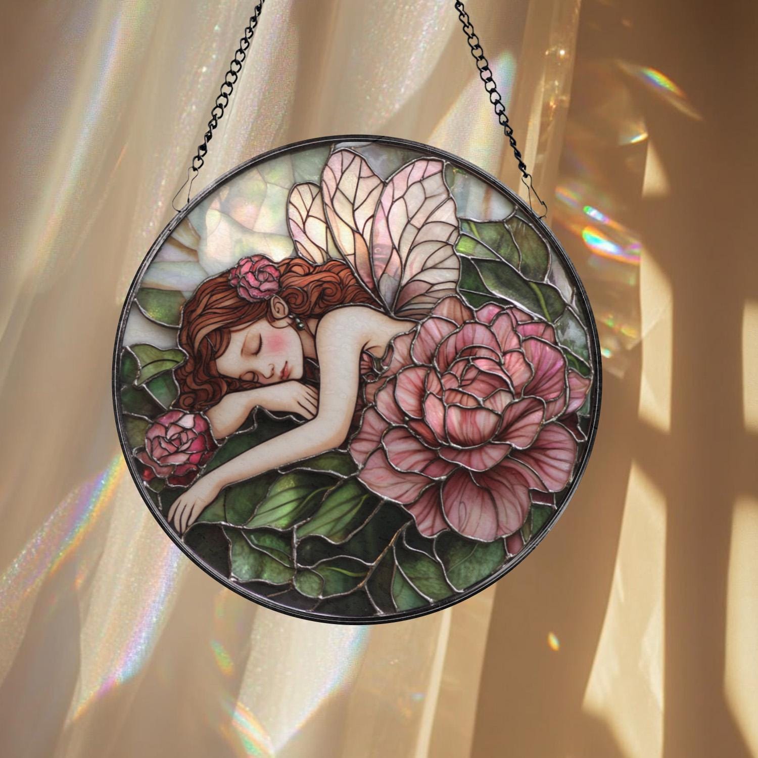Fairies & Peony Glass Window Hanging, Enchanted Flower Fairy Suncatcher, Whimsical Wall Art, Gift for Girlfriend, Fairy Lover Home Decor