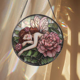 Fairies & Peony Glass Window Hanging, Enchanted Flower Fairy Suncatcher, Whimsical Wall Art, Gift for Girlfriend, Fairy Lover Home Decor