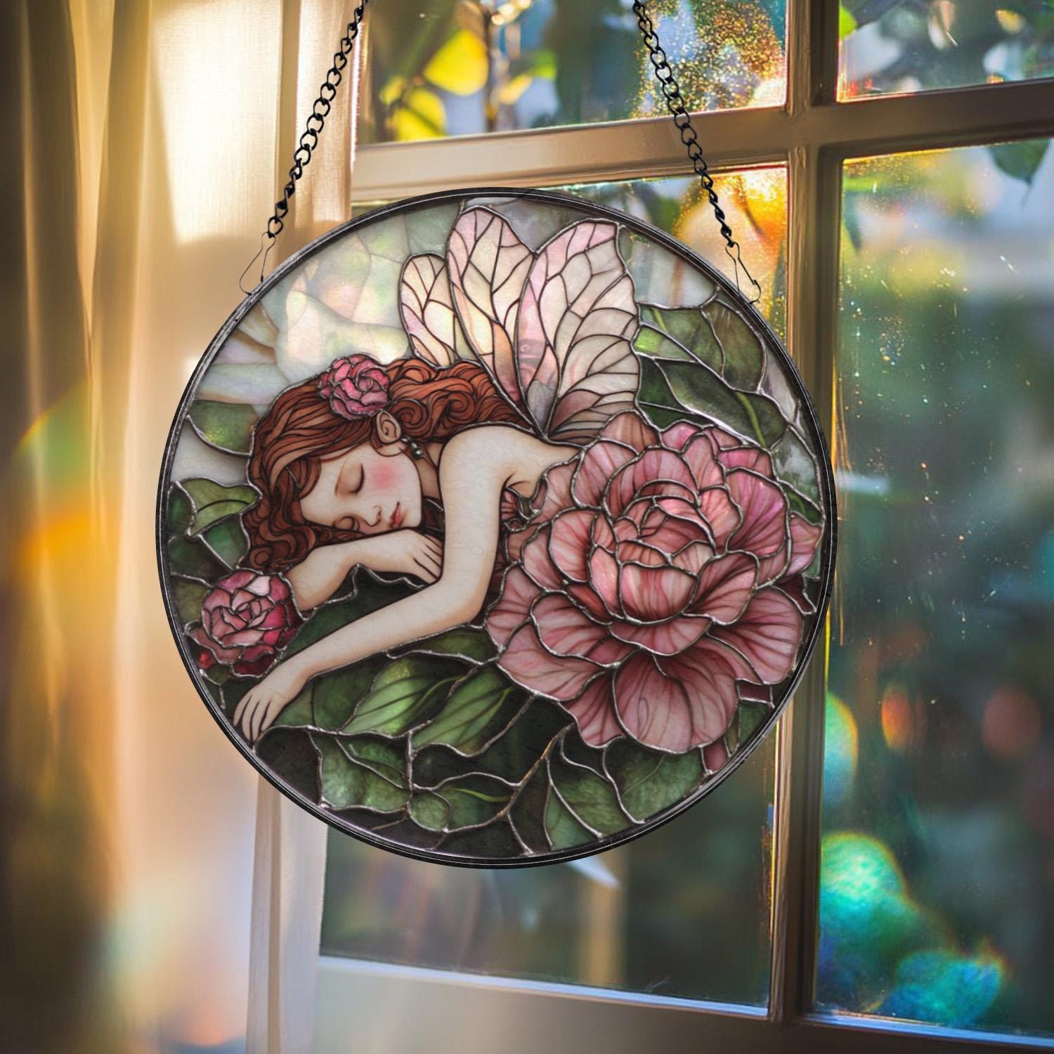 Fairies & Peony Glass Window Hanging, Enchanted Flower Fairy Suncatcher, Whimsical Wall Art, Gift for Girlfriend, Fairy Lover Home Decor