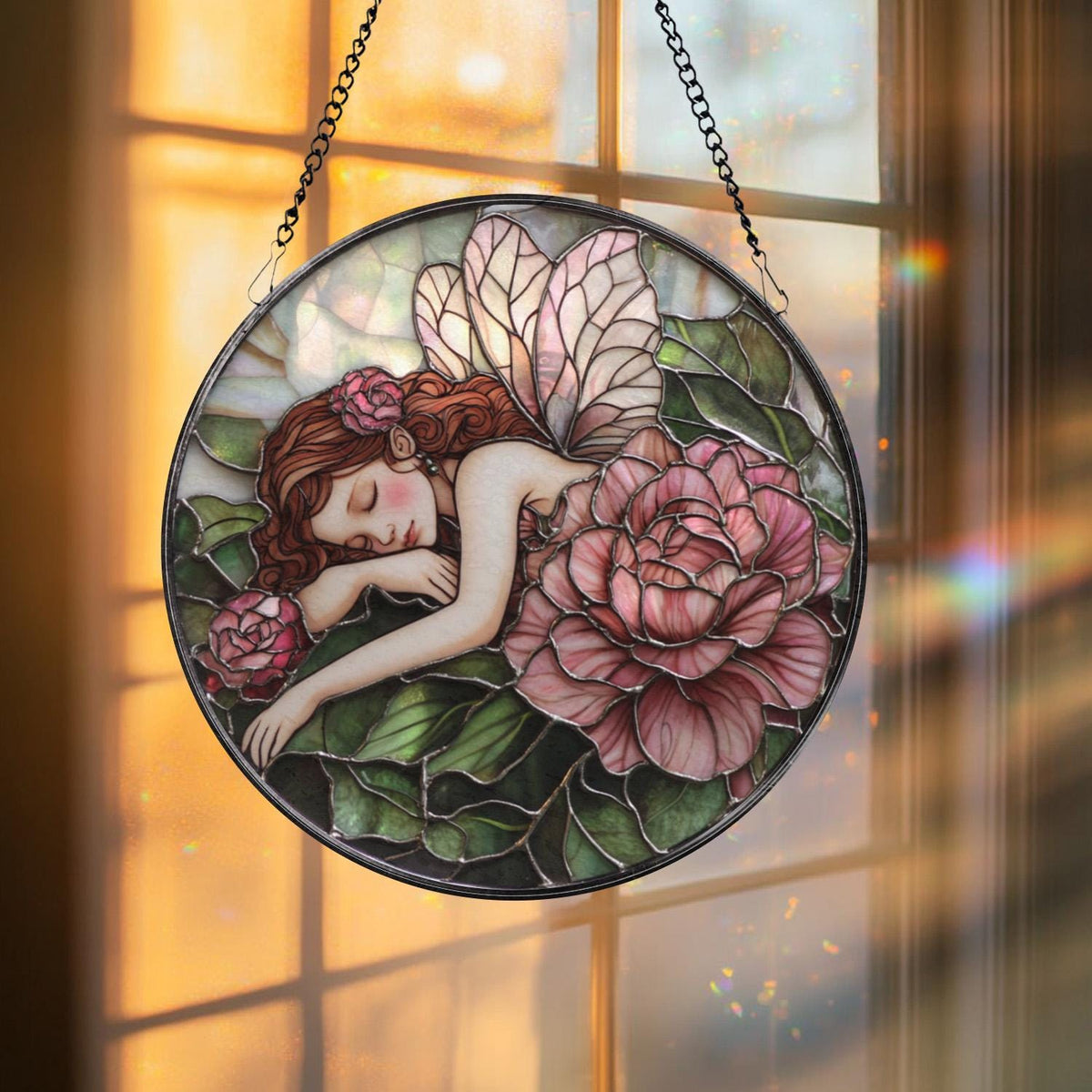 Fairies & Peony Glass Window Hanging, Enchanted Flower Fairy Suncatcher, Whimsical Wall Art, Gift for Girlfriend, Fairy Lover Home Decor