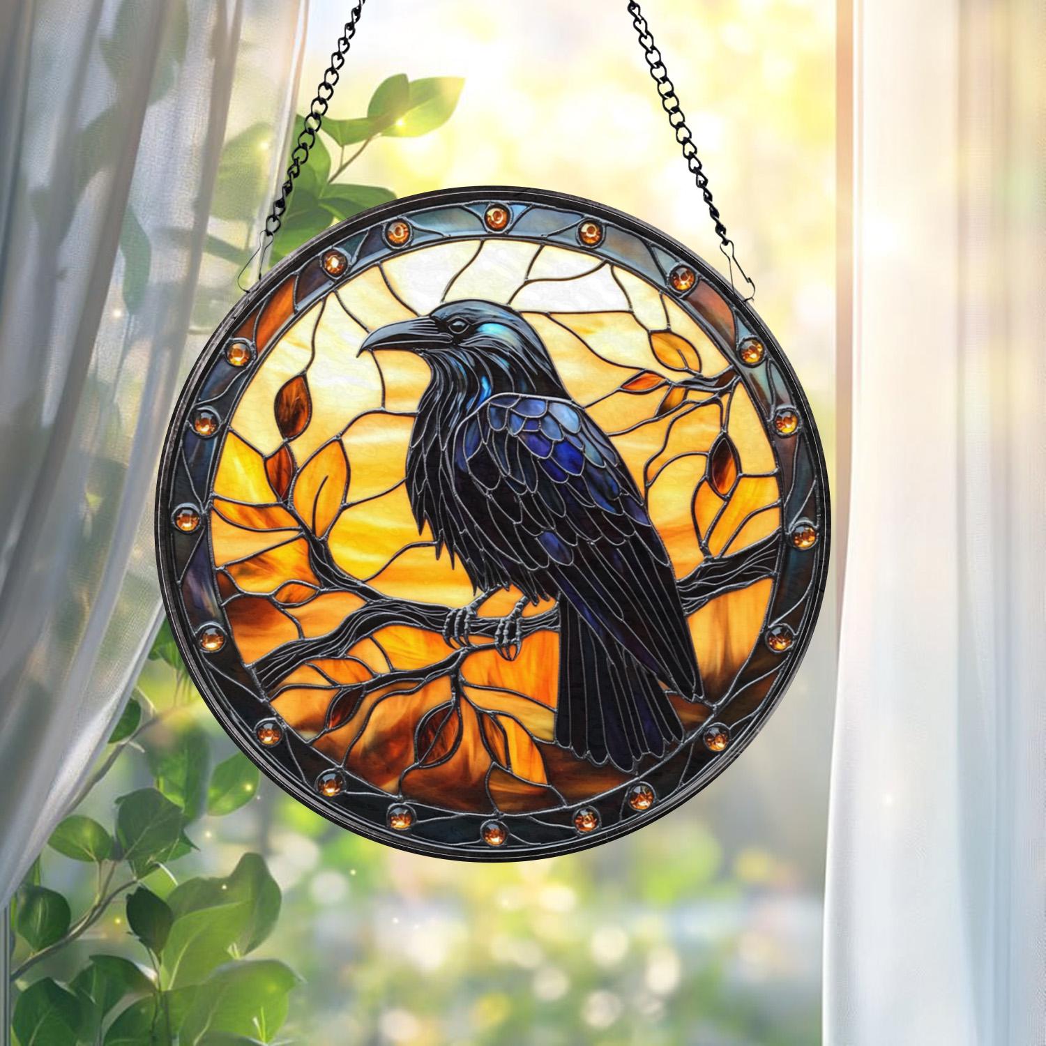 Black Raven Stained Glass Suncatcher – Gothic Crow Window Hanging, Unique Bird Decor, Witchy Home Accent, Housewarming Gift Idea