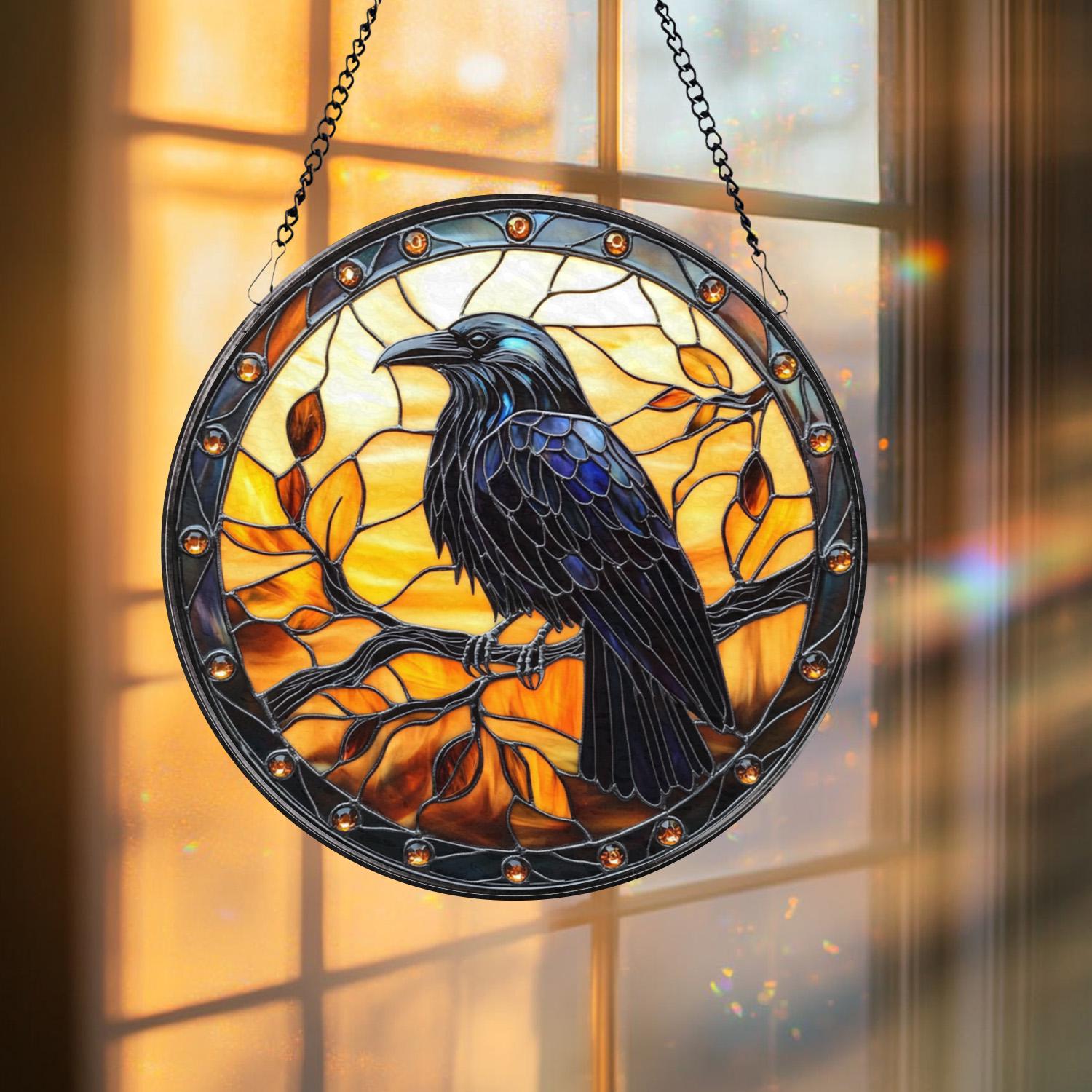 Black Raven Stained Glass Suncatcher – Gothic Crow Window Hanging, Unique Bird Decor, Witchy Home Accent, Housewarming Gift Idea