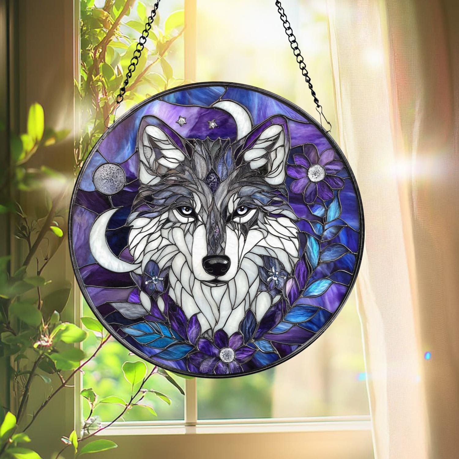 Majestic Wolf Stained Glass Suncatcher – Moonlit Wolf Window Hanging, Wildlife Glass Art, Nature Decor, Wolf Lover Gift
