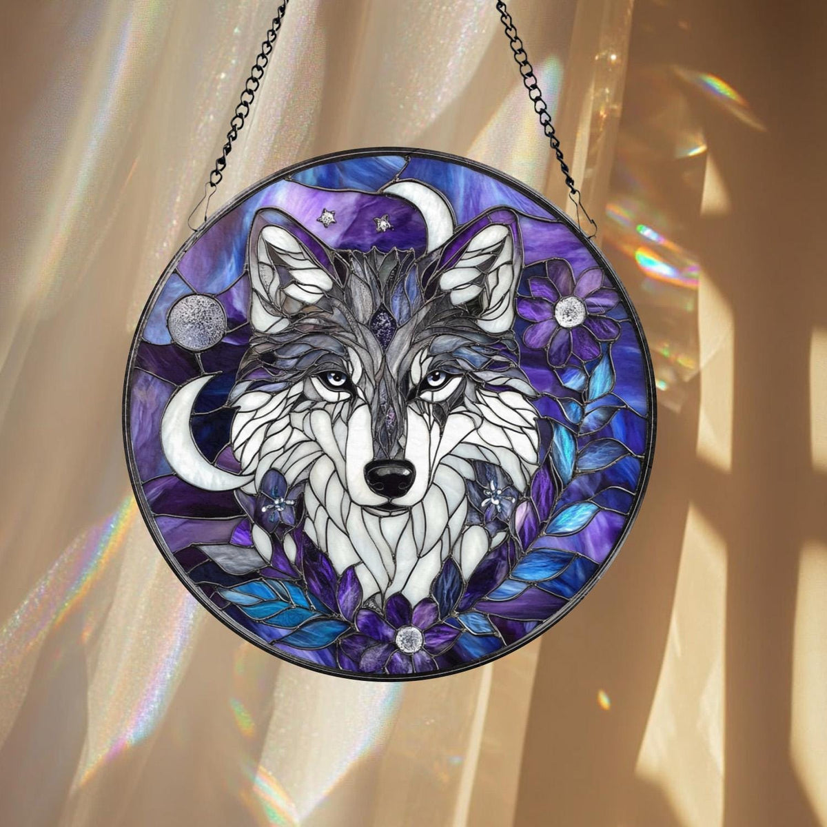 Majestic Wolf Stained Glass Suncatcher – Moonlit Wolf Window Hanging, Wildlife Glass Art, Nature Decor, Wolf Lover Gift