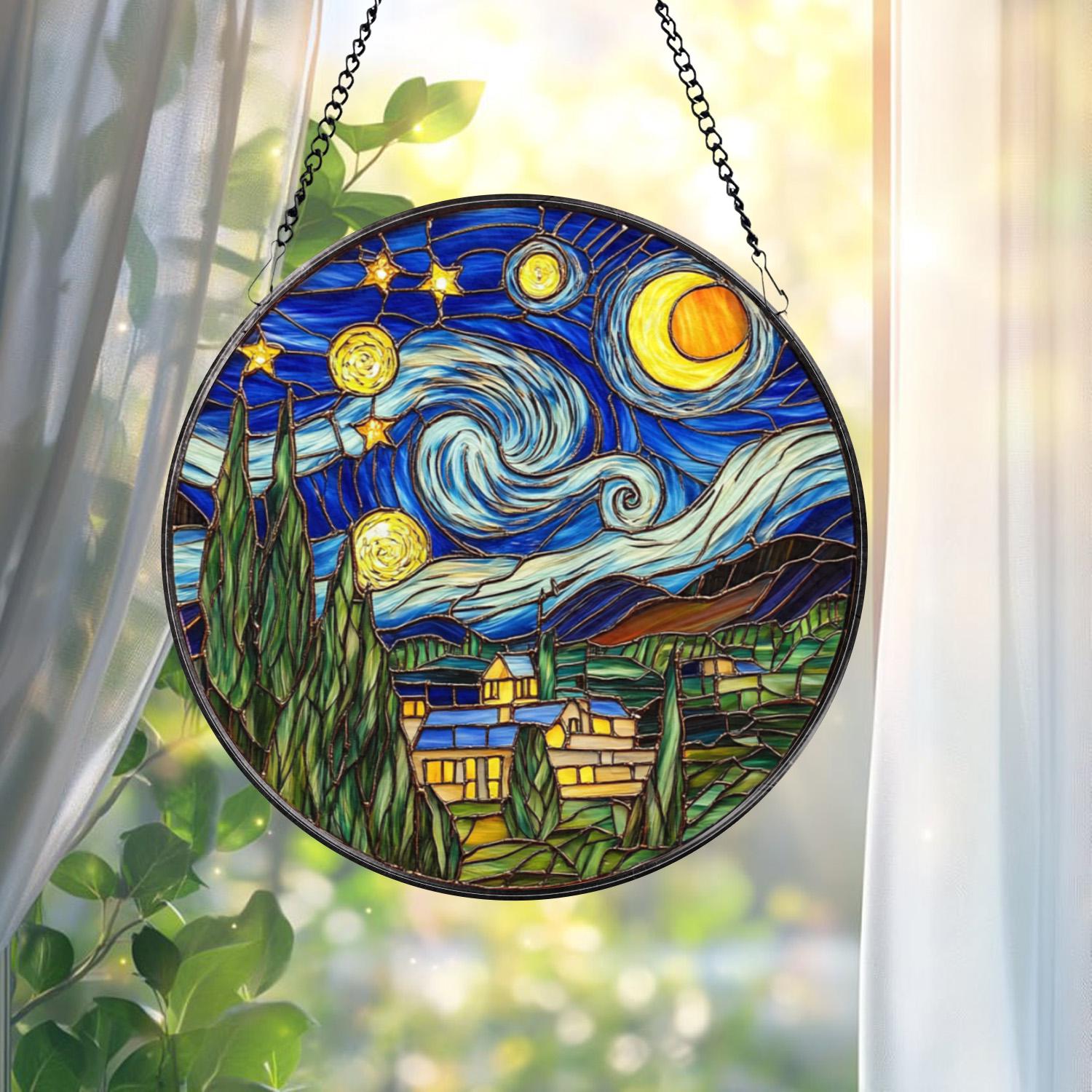 Stained Glass Starry Night Suncatcher, Van Gogh Art Ornament, Celestial Window Decor, Gift for Art Lovers, Holiday Keepsake