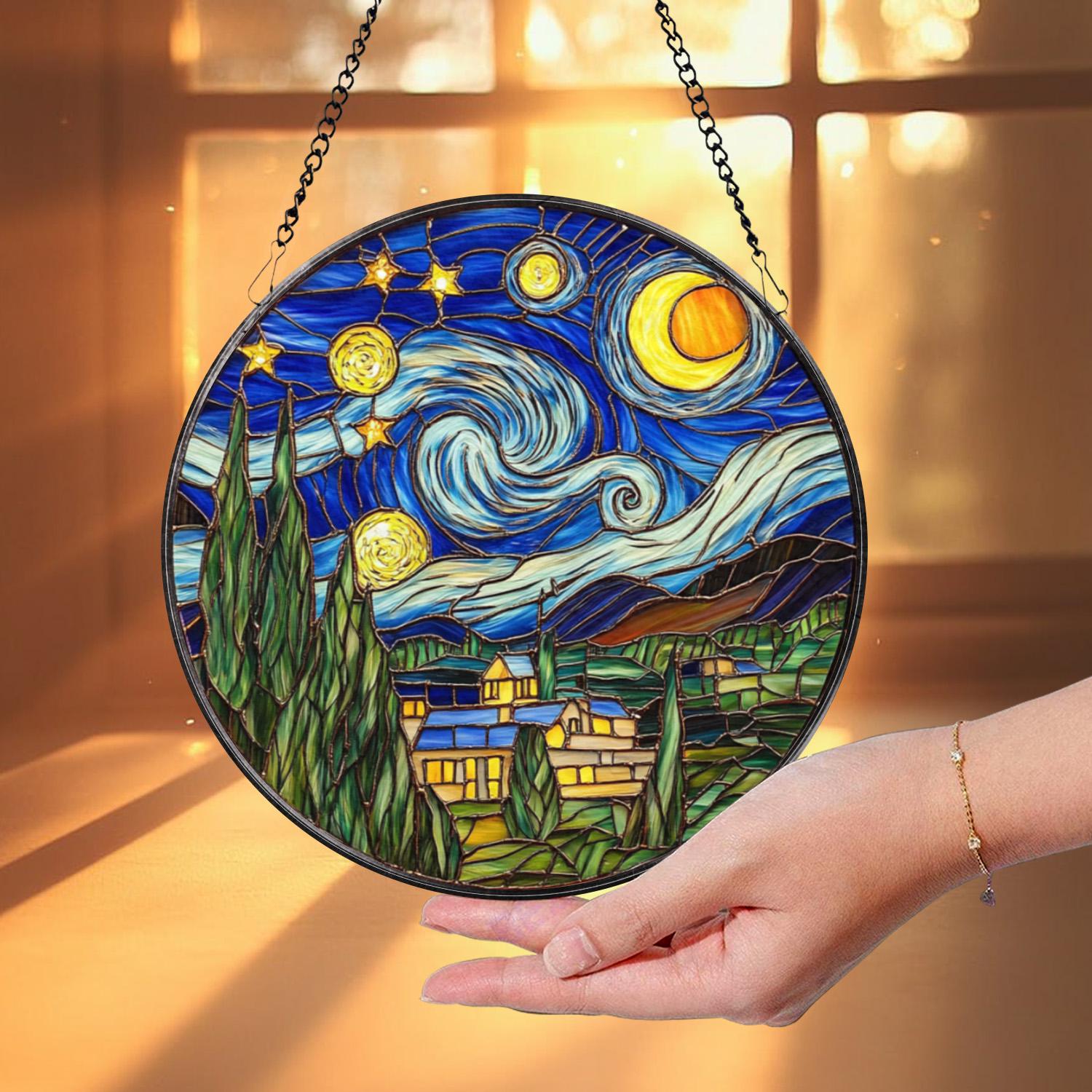 Stained Glass Starry Night Suncatcher, Van Gogh Art Ornament, Celestial Window Decor, Gift for Art Lovers, Holiday Keepsake