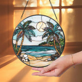 Tropical Palm Tree Stained Glass Suncatcher, Beach Sunset Window Hanging, Ocean Decor, Coastal Gift, Summer Vibes, Beach Lover Art