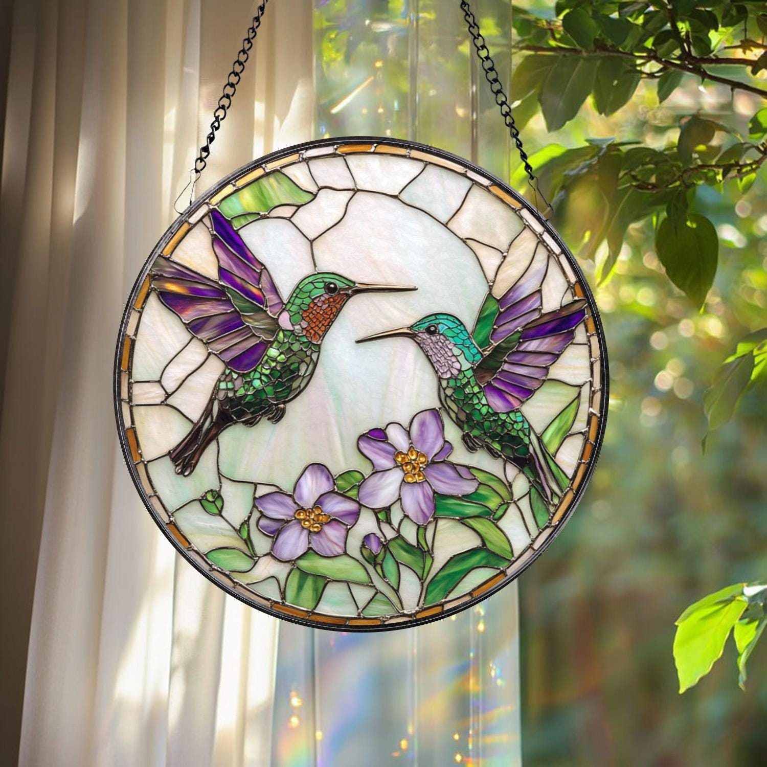 Hummingbirds Stained Glass Suncatcher, Wildflower Window Hanging, Hummingbird Memorial, Indoor Decor, Garden Lover Gift, Gift for Women
