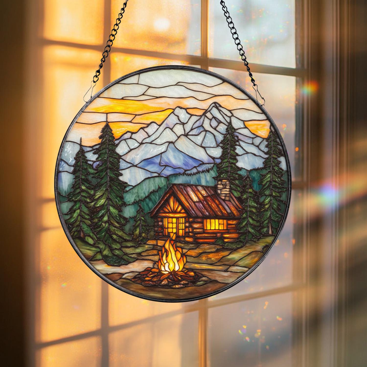 Starry Night Camping Glass Suncatcher, Cabin Campfire Window Hanging, Camper Van Art, Nature Decor, Adventure Gift, Outdoor Lover Gift