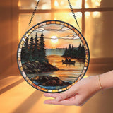 Canoe Lake Sunset Stained Glass Suncatcher, Romantic Nature Window Hanging, Cabin Wall Decor, Gift for Outdoor & Camping Lovers