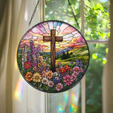Christian Cross Stained Glass Suncatcher, Floral Sunrise Window Hanging, Faith Gift for Mom, Religious Home Decor, Easter or Memorial Gift