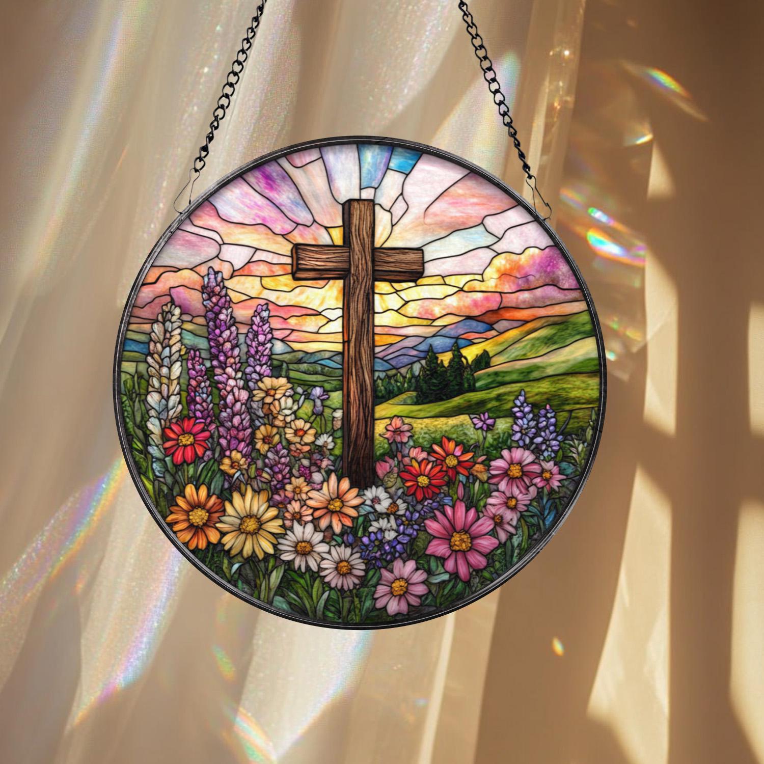Christian Cross Stained Glass Suncatcher, Floral Sunrise Window Hanging, Faith Gift for Mom, Religious Home Decor, Easter or Memorial Gift