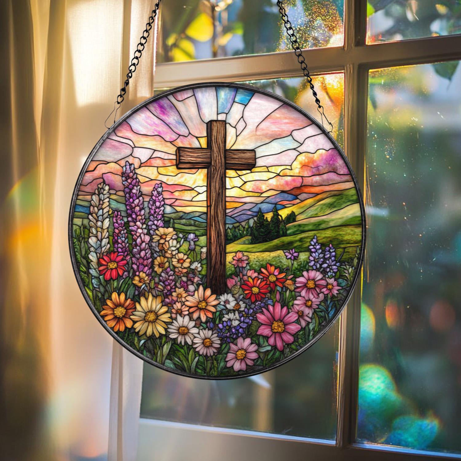 Christian Cross Stained Glass Suncatcher, Floral Sunrise Window Hanging, Faith Gift for Mom, Religious Home Decor, Easter or Memorial Gift