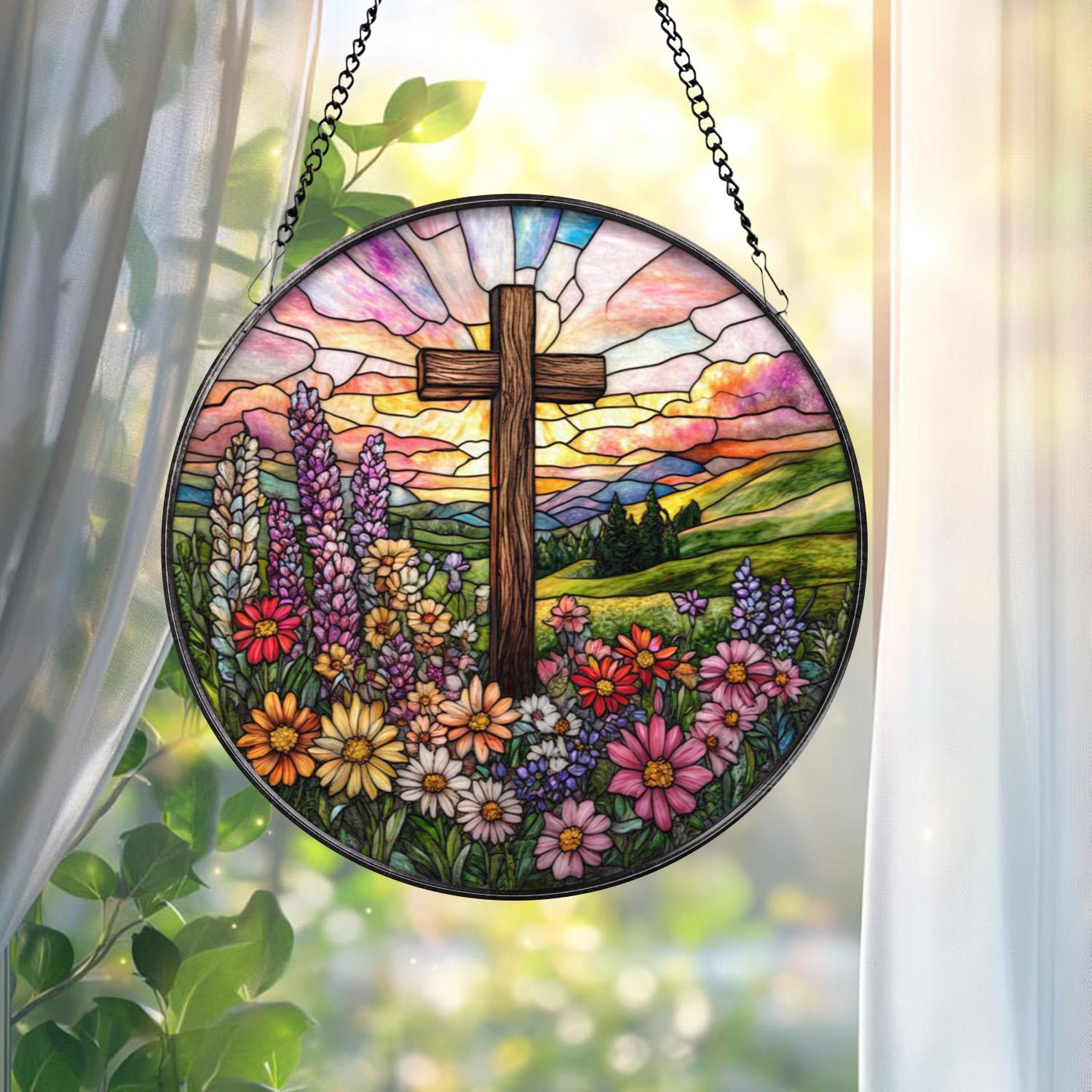 Christian Cross Stained Glass Suncatcher, Floral Sunrise Window Hanging, Faith Gift for Mom, Religious Home Decor, Easter or Memorial Gift