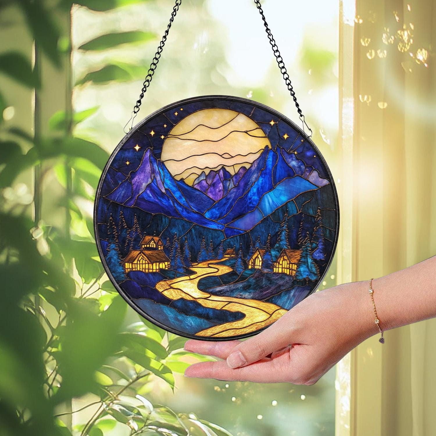 Moonlit Mountain Village Stained Glass Suncatcher – Blue Night Scene Window Hanging, Cozy Cabin Decor, Scenic Nature Lover Gift