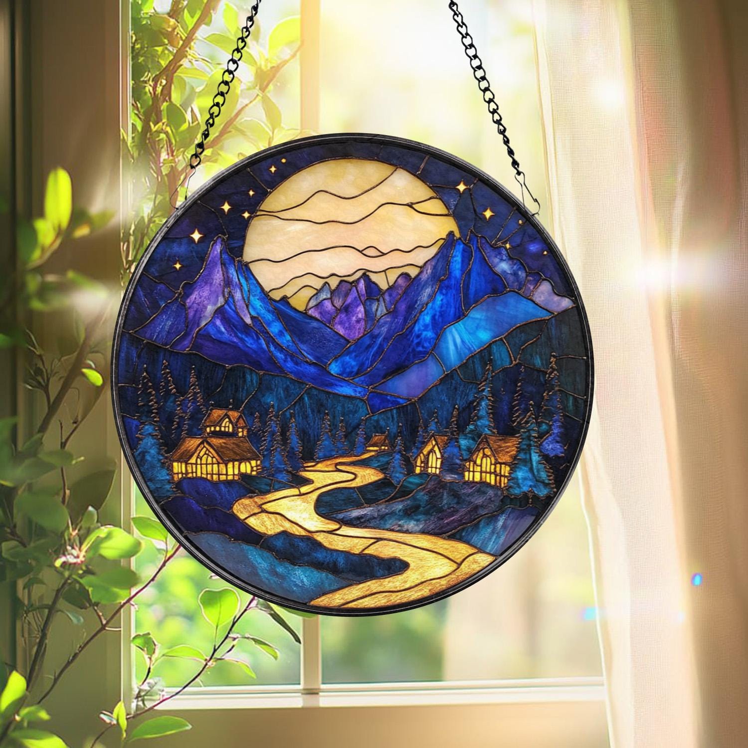 Moonlit Mountain Village Stained Glass Suncatcher – Blue Night Scene Window Hanging, Cozy Cabin Decor, Scenic Nature Lover Gift