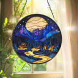 Moonlit Mountain Village Stained Glass Suncatcher – Blue Night Scene Window Hanging, Cozy Cabin Decor, Scenic Nature Lover Gift