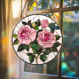 Pink Rose Stained Glass Suncatcher – Romantic Floral Window Hanging, Rose Lover Gift, Elegant Glass Art for Mom or Garden Decor