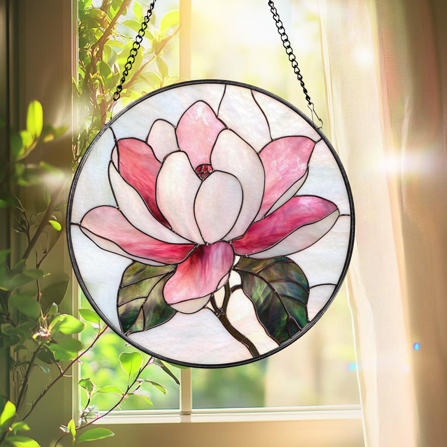 Magnolia Flower Stained Glass Suncatcher – Elegant Floral Window Hanging, Romantic Pink Glass Art Gift for Nature and Garden Lovers