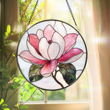 Magnolia Flower Stained Glass Suncatcher – Elegant Floral Window Hanging, Romantic Pink Glass Art Gift for Nature and Garden Lovers