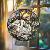 Sleeping Fairy Suncatcher, Stained Glass Fairy Decor, Whimsical Window Hanging, Fantasy Gift for Her, Enchanted Fairy Room Art