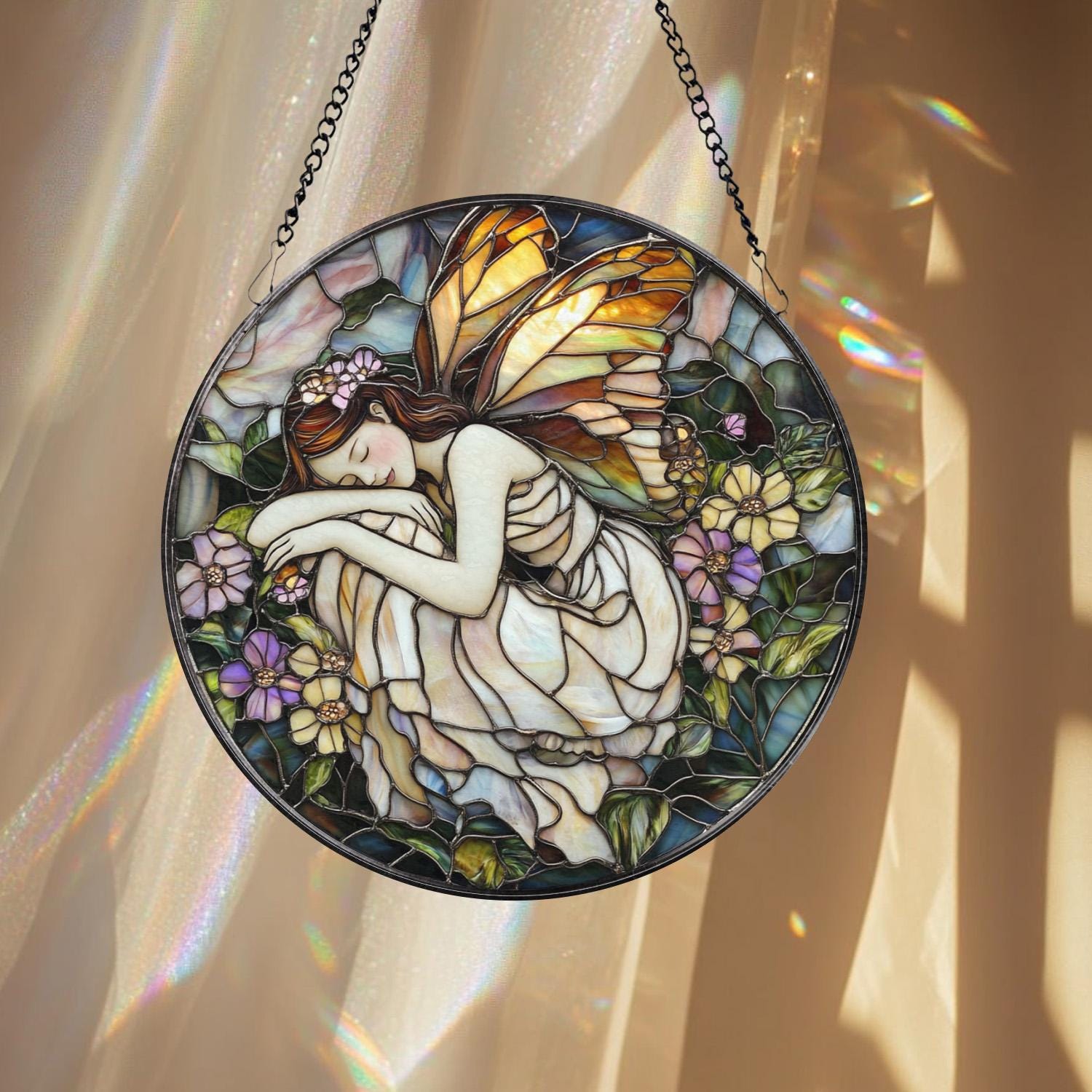 Sleeping Fairy Suncatcher, Stained Glass Fairy Decor, Whimsical Window Hanging, Fantasy Gift for Her, Enchanted Fairy Room Art