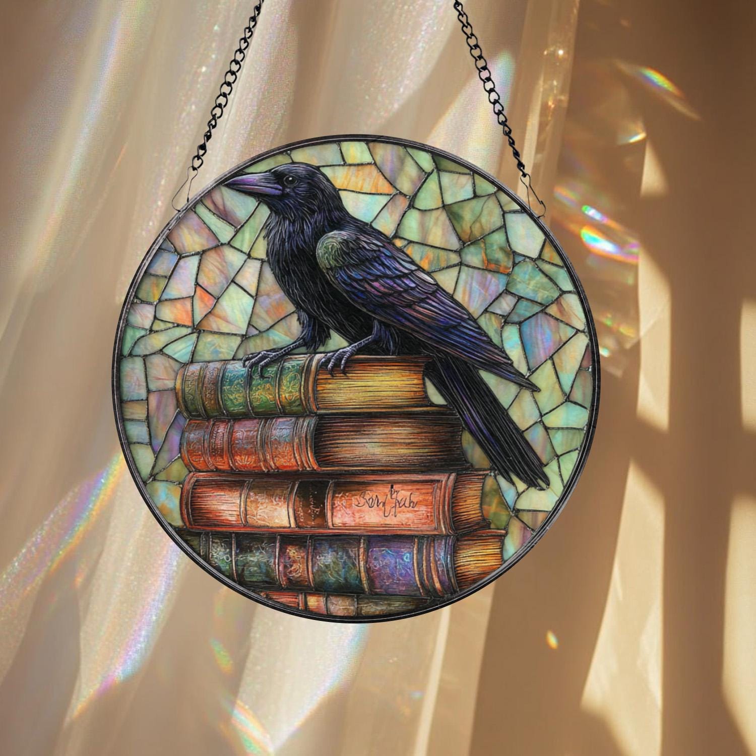 Raven on Books Suncatcher, Gothic Stained Glass Decor, Dark Academia Window Hanging, Crow Art Panel, Book Lover Gift