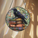 Raven on Books Suncatcher, Gothic Stained Glass Decor, Dark Academia Window Hanging, Crow Art Panel, Book Lover Gift