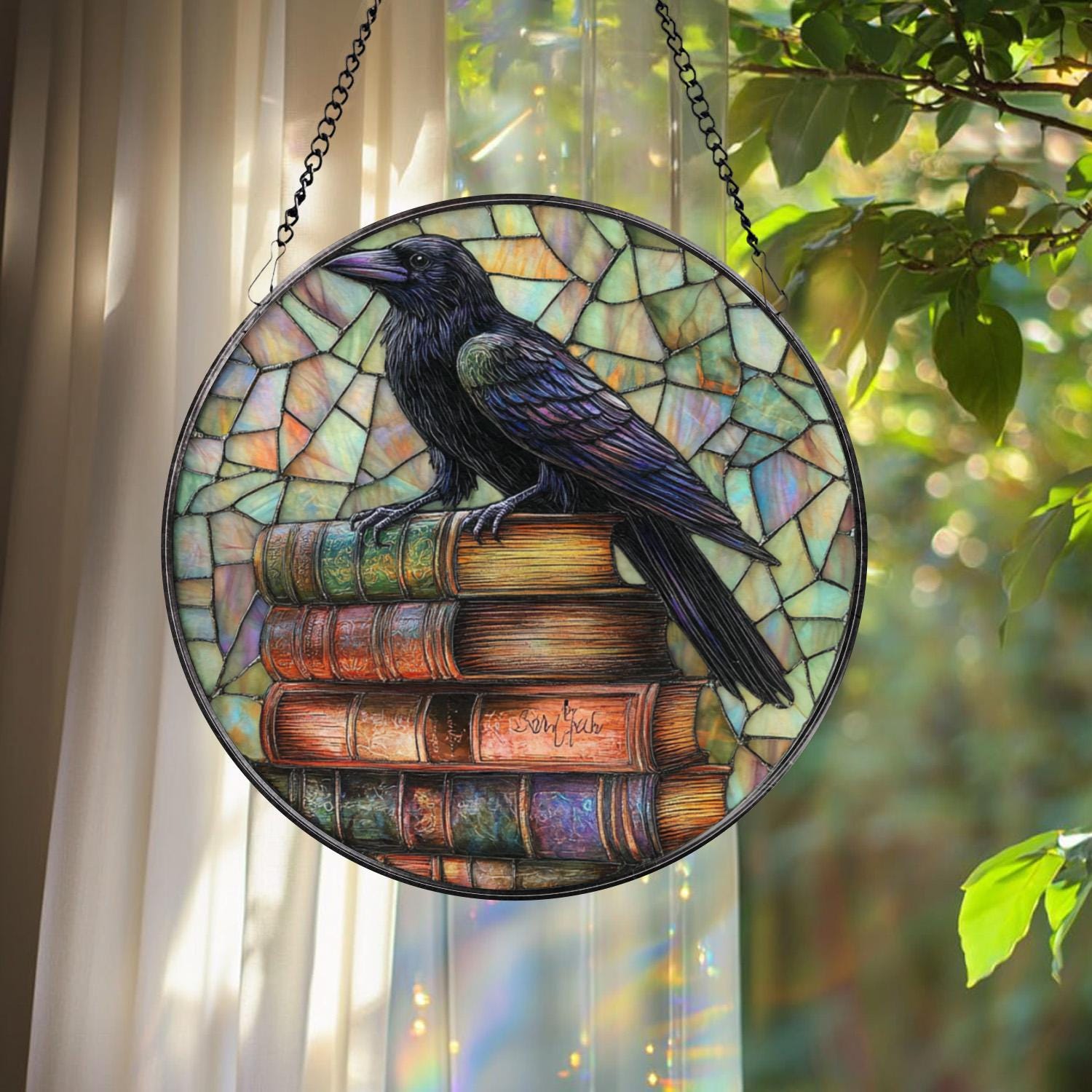 Raven on Books Suncatcher, Gothic Stained Glass Decor, Dark Academia Window Hanging, Crow Art Panel, Book Lover Gift