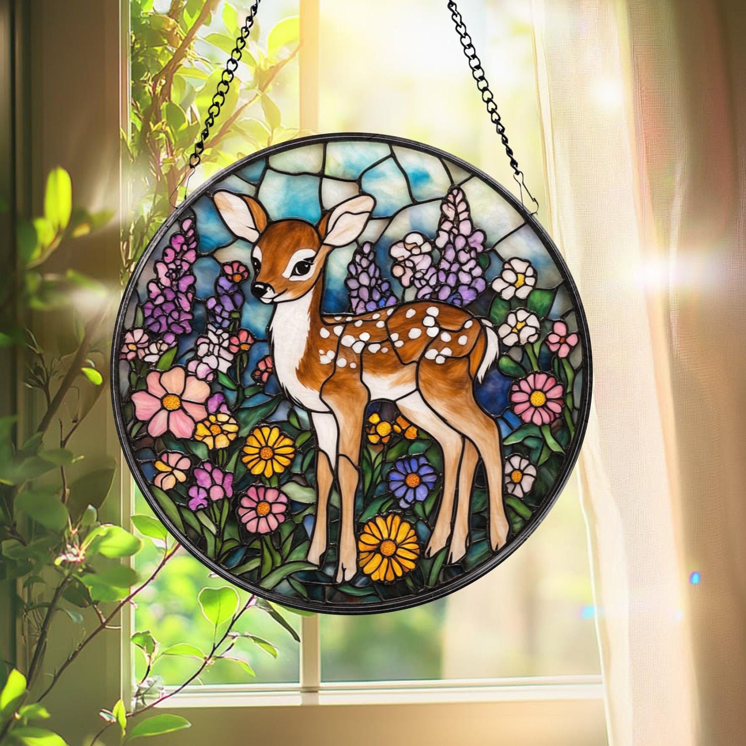 Deer Fawn Suncatcher, Floral Stained Glass Window Art, Baby Deer Decor, Woodland Animal Gift, Nature Lover Hanging Ornament