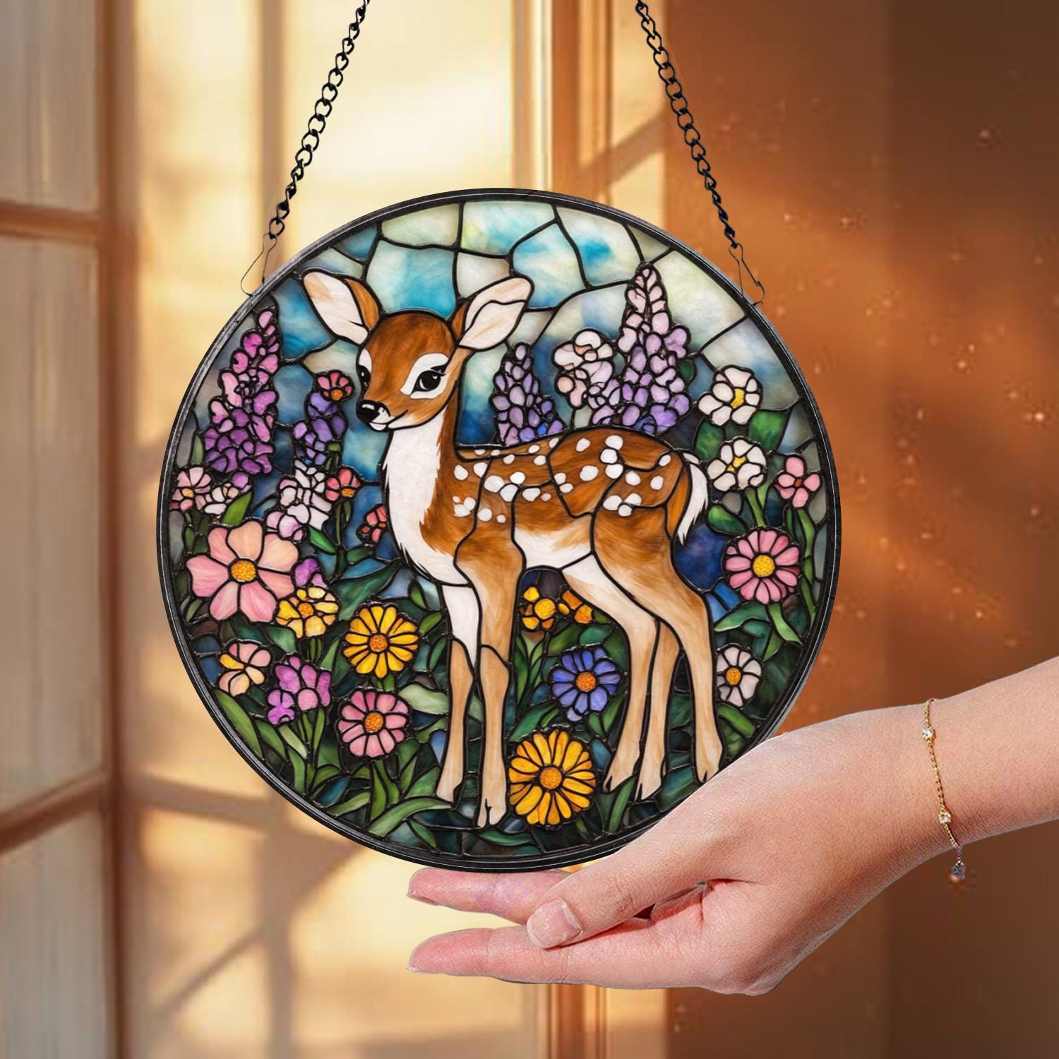Deer Fawn Suncatcher, Floral Stained Glass Window Art, Baby Deer Decor, Woodland Animal Gift, Nature Lover Hanging Ornament