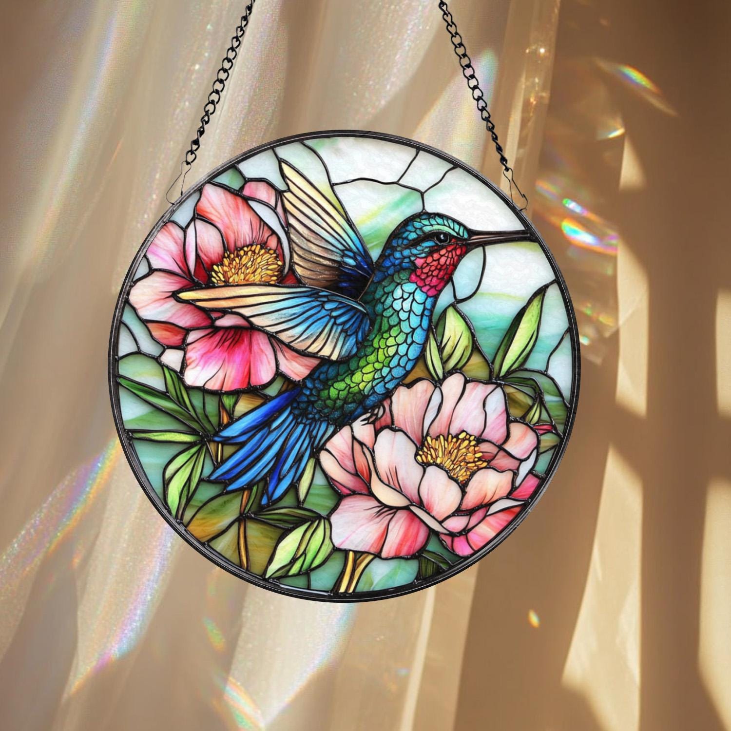 Hummingbird and Peony Stained Glass Suncatcher, Floral Window Hanging Art, Bird Sun Catcher Gift, Garden Window Decor, Nature Lover Gift