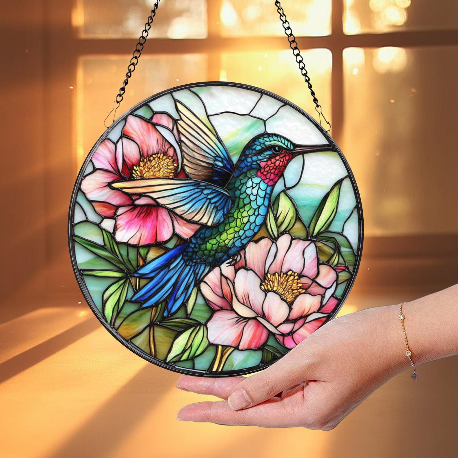 Hummingbird and Peony Stained Glass Suncatcher, Floral Window Hanging Art, Bird Sun Catcher Gift, Garden Window Decor, Nature Lover Gift