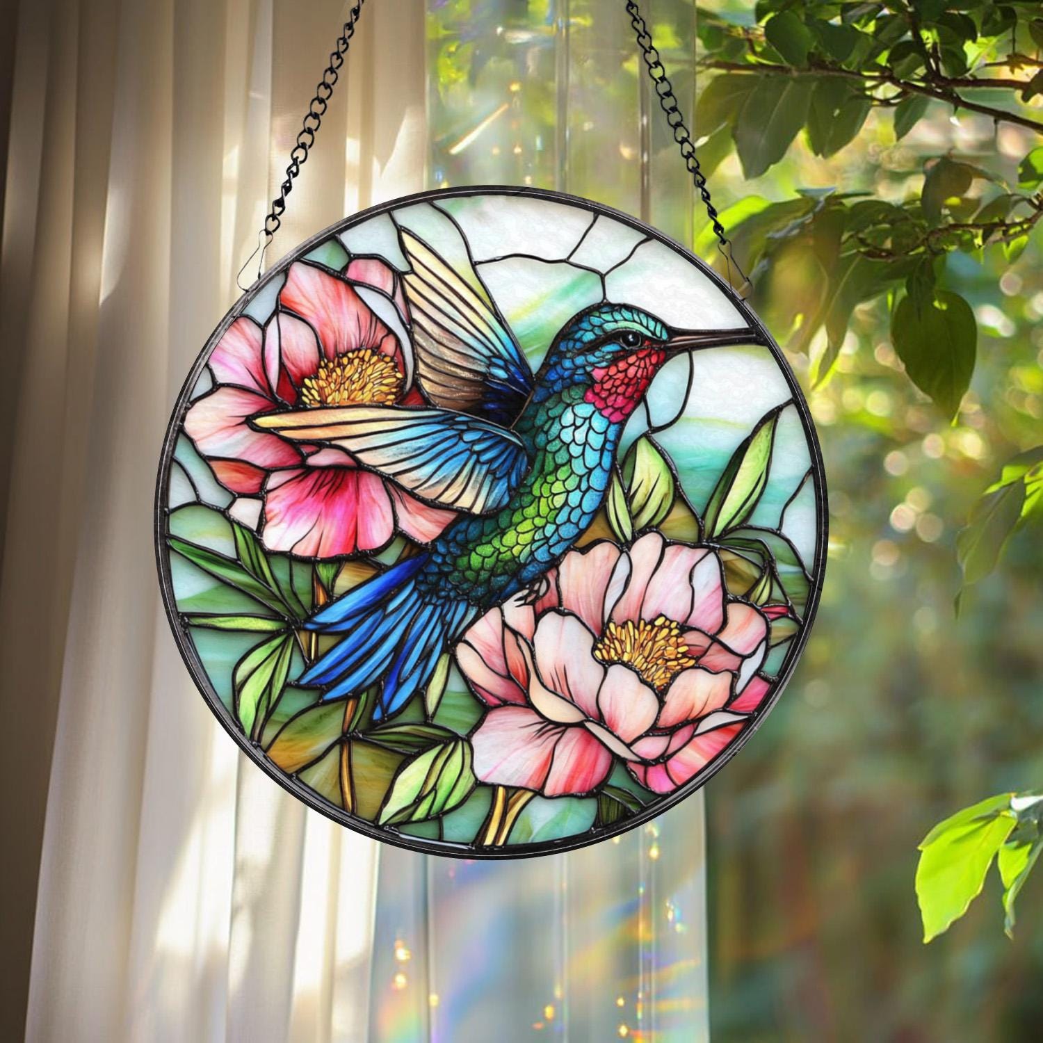 Hummingbird and Peony Stained Glass Suncatcher, Floral Window Hanging Art, Bird Sun Catcher Gift, Garden Window Decor, Nature Lover Gift