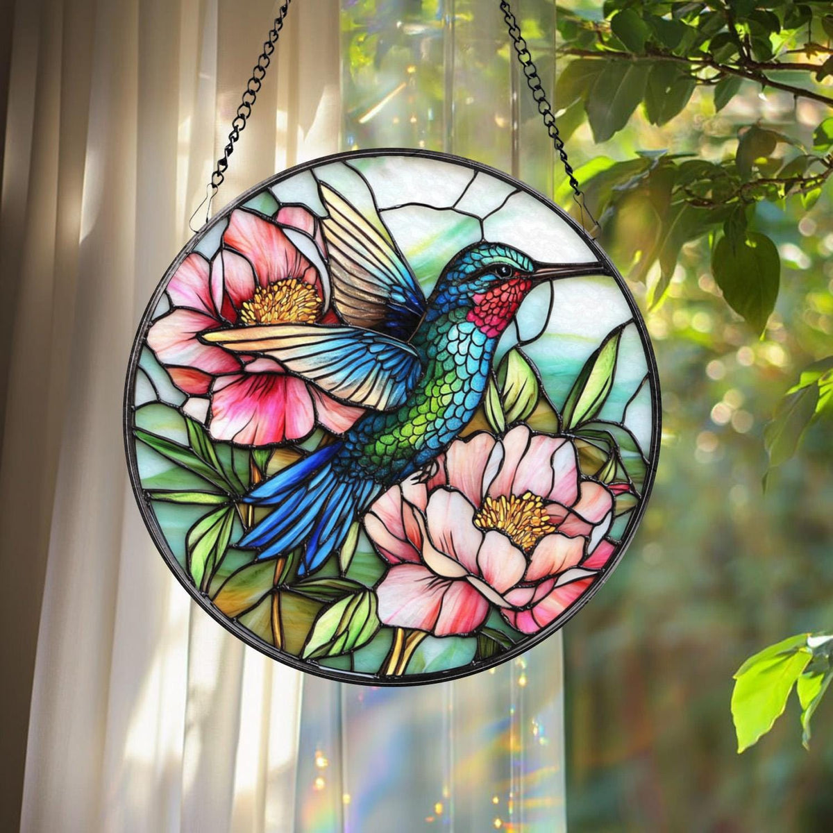 Hummingbird and Peony Stained Glass Suncatcher, Floral Window Hanging Art, Bird Sun Catcher Gift, Garden Window Decor, Nature Lover Gift