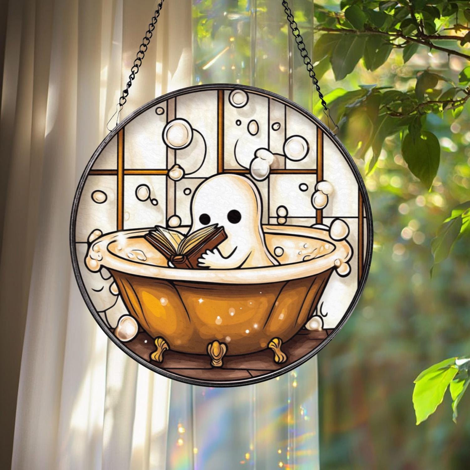 Cute Ghost in Bathtub Stained Glass Suncatcher, Book Lover Window Decor, Funny Ghost Bathroom Panel, Spooky Reading Gift,Halloween Glass Art