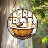 Cute Ghost in Bathtub Stained Glass Suncatcher, Book Lover Window Decor, Funny Ghost Bathroom Panel, Spooky Reading Gift,Halloween Glass Art