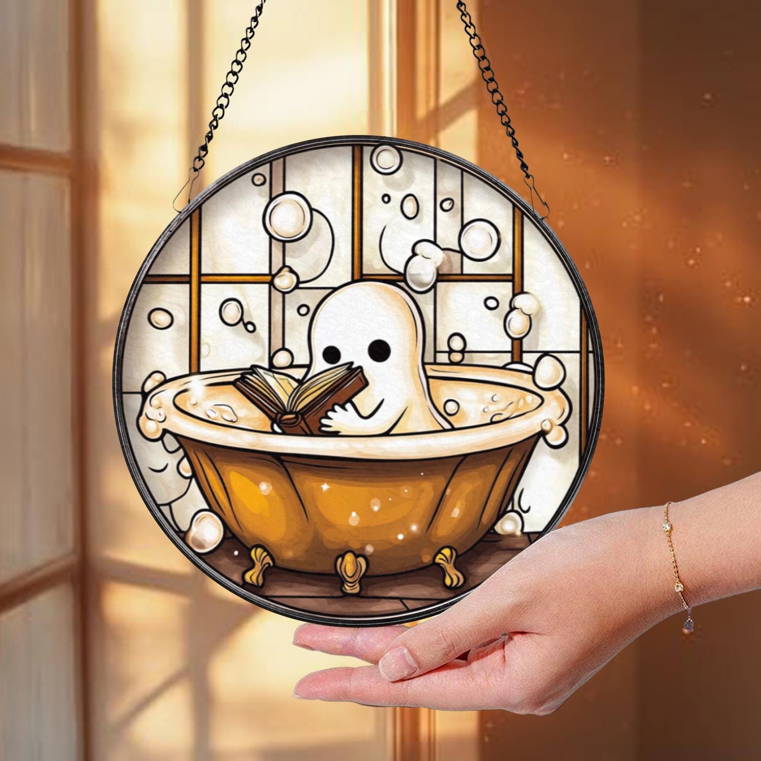 Cute Ghost in Bathtub Stained Glass Suncatcher, Book Lover Window Decor, Funny Ghost Bathroom Panel, Spooky Reading Gift,Halloween Glass Art