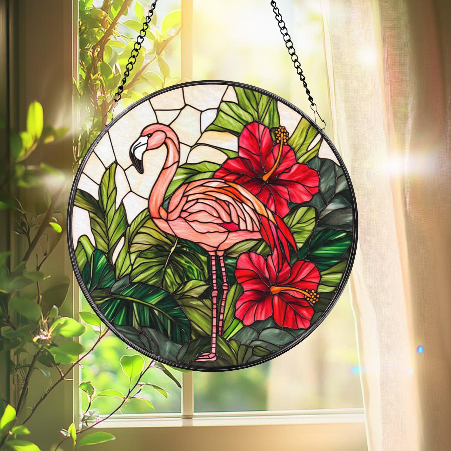 Pink Flamingo Stained Glass Suncatcher, Tropical Window Hanging Decor, Hibiscus Jungle Bird Panel, Exotic Animal Lover Gift,Summer Glass Art
