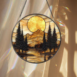 Mountain Sunset Stained Glass Suncatcher, Nature Landscape Window Hanging, Round Forest Glass Art, Rustic Cabin Decor Gift