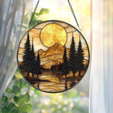 Mountain Sunset Stained Glass Suncatcher, Nature Landscape Window Hanging, Round Forest Glass Art, Rustic Cabin Decor Gift