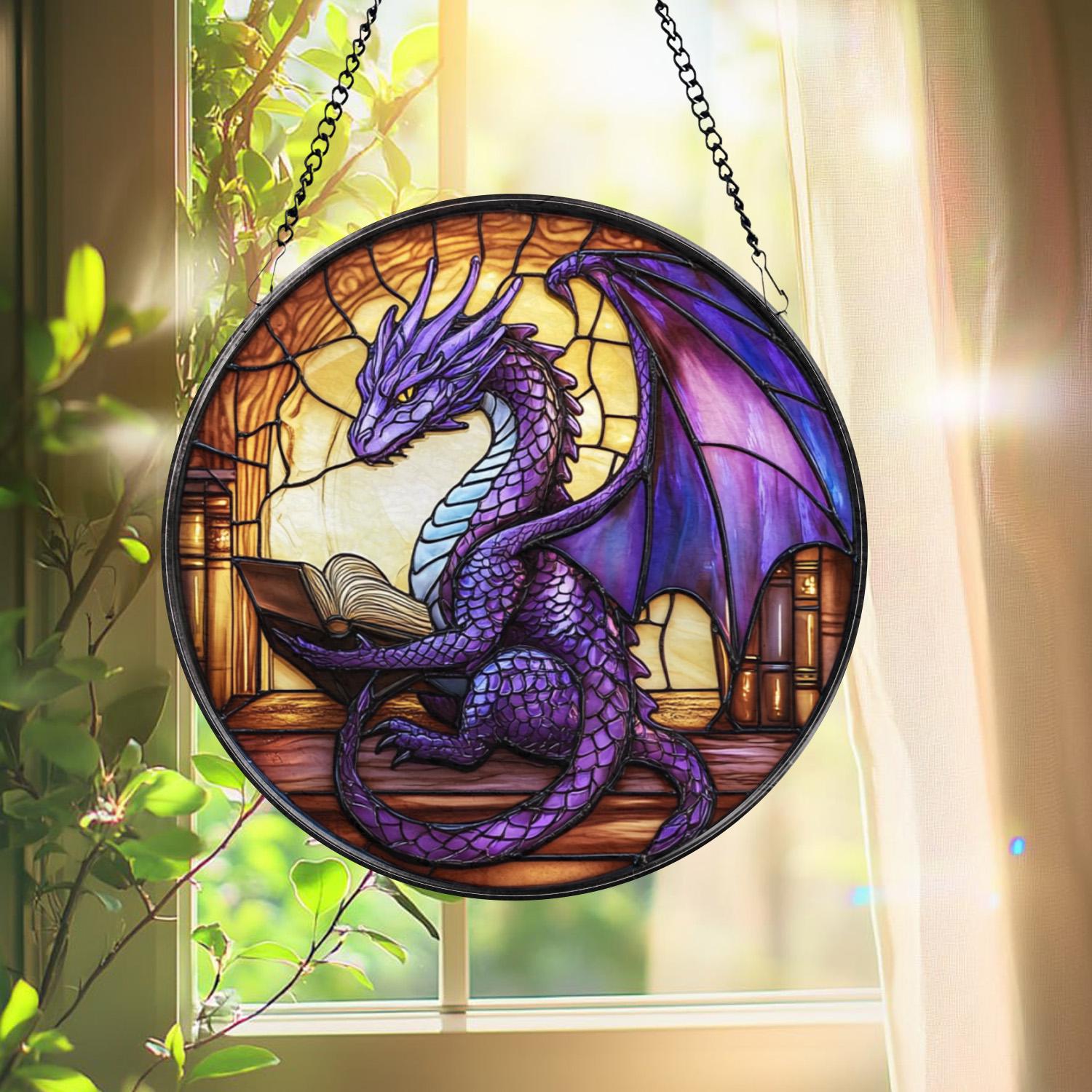 Purple Dragon Stained Glass Suncatcher, Fantasy Window Hanging, Book Lover Dragon Decor, Gothic Glass Art Panel, Gift for Fantasy Fans