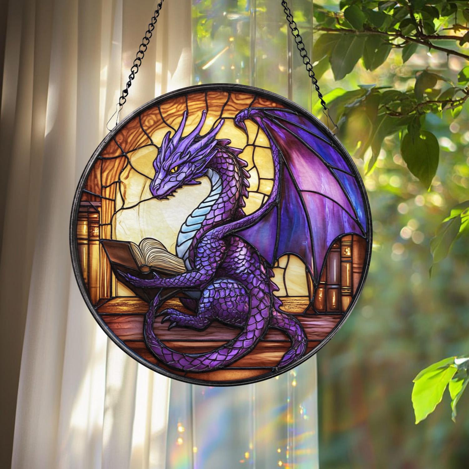Purple Dragon Stained Glass Suncatcher, Fantasy Window Hanging, Book Lover Dragon Decor, Gothic Glass Art Panel, Gift for Fantasy Fans