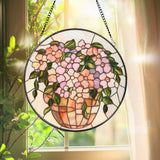 Pink Floral Vase Stained Glass Suncatcher, Pastel Window Hanging, Round Glass Art Panel, Soft Garden Decor Gift for Her or Mom