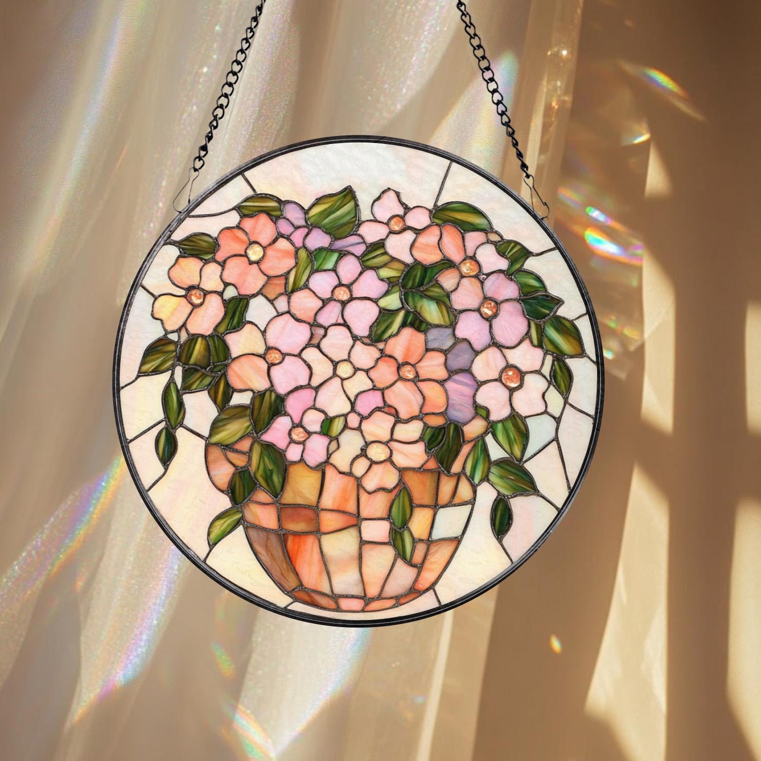 Pink Floral Vase Stained Glass Suncatcher, Pastel Window Hanging, Round Glass Art Panel, Soft Garden Decor Gift for Her or Mom